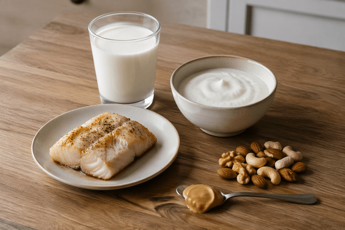 Dairy, fish, and nuts in realistic portions